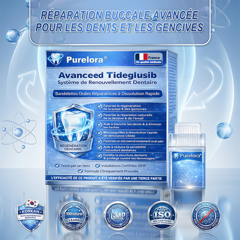 🏥 Pharmacie en ligne | purelora® 😁 Bandes orales à dissolution rapide Tidéglusib pour la réparation des dents et des gencives 🦷
